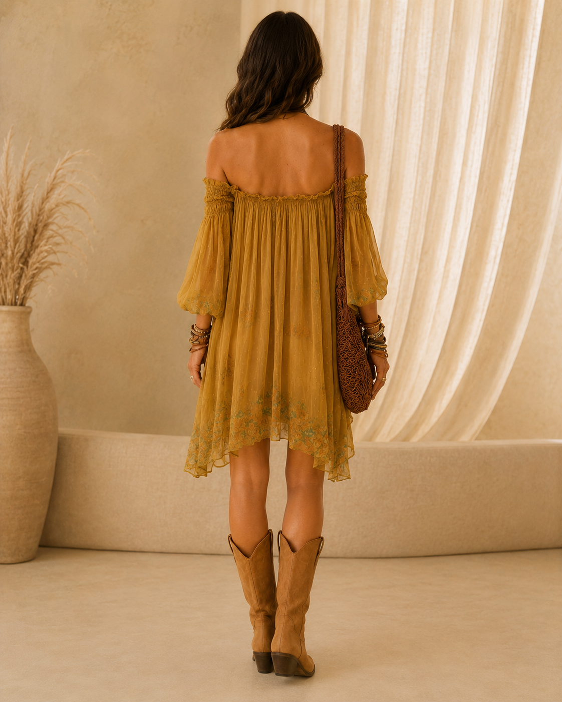 Jonquille | Mini Robe Fleurie Jaune, Épaules Dénudées