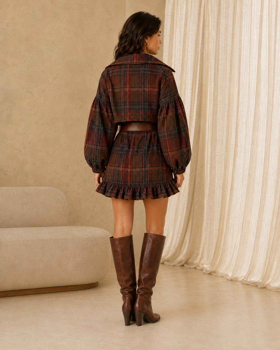 Marielle | Mini Robe Vintage à Carreaux et Rayures avec Veste Ample (avec ceinture)