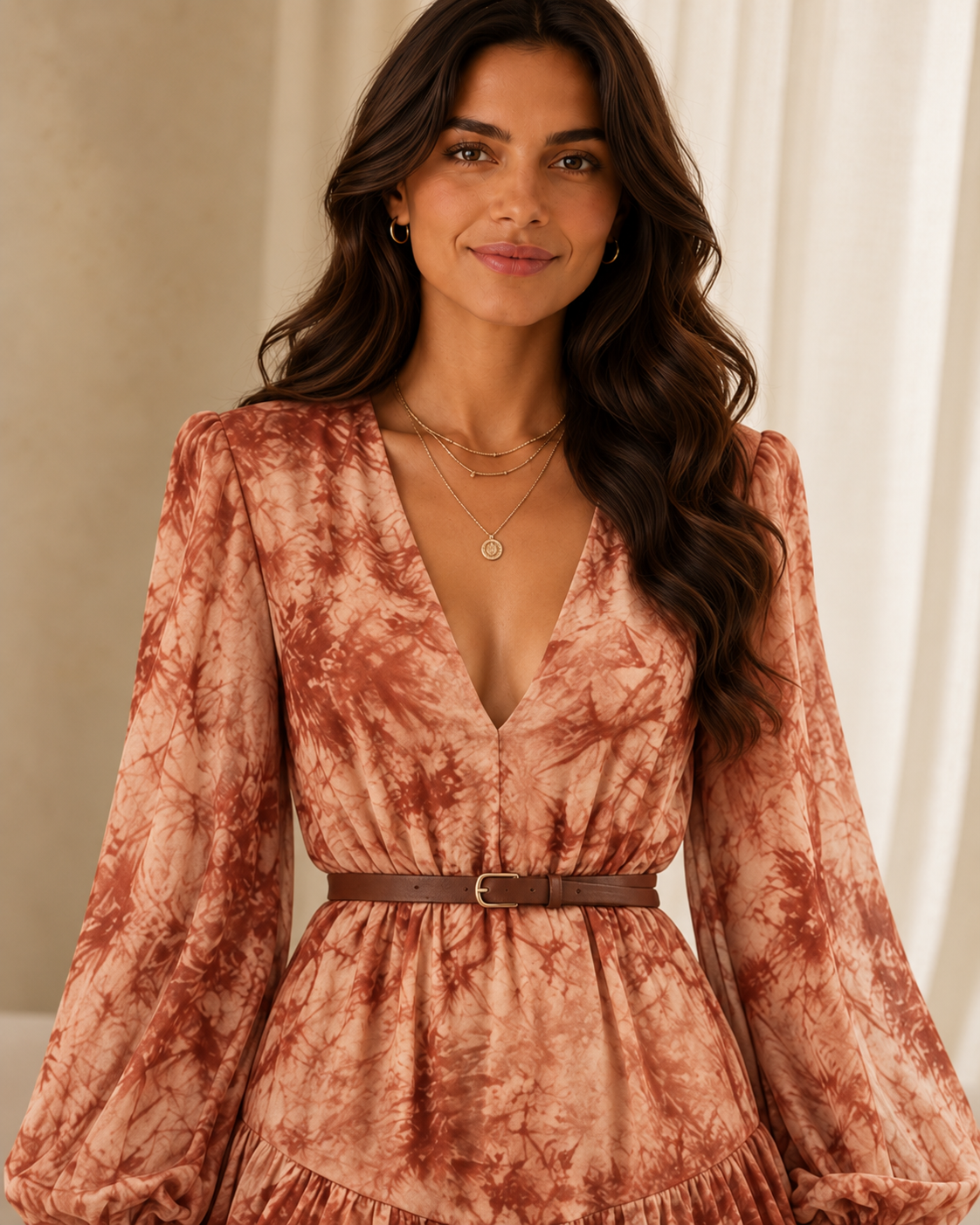 Clémence | Mini Robe Manches Longues, Col en V, Imprimé Floral Terracotta