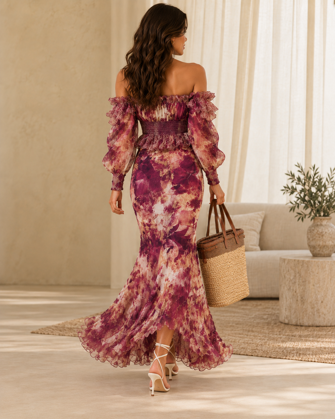Rosine | Robe Maxi Épaules Dénudées Rose Antique, Motif Floral
