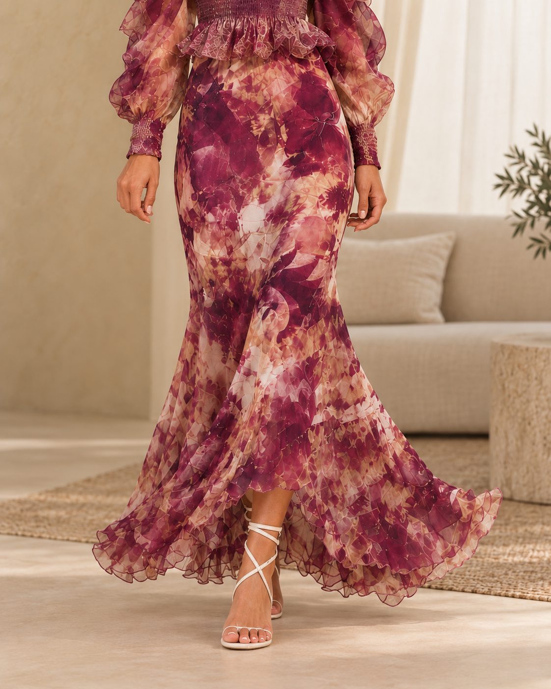 Rosine | Robe Maxi Épaules Dénudées Rose Antique, Motif Floral