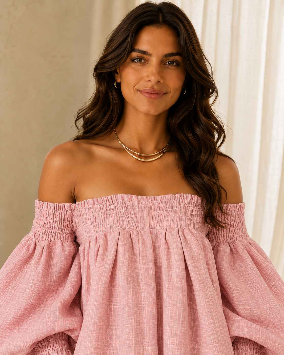 Rosabelle | Mini Robe Trapèze Ample, Manches Lanterne, Épaules Dénudées Roses