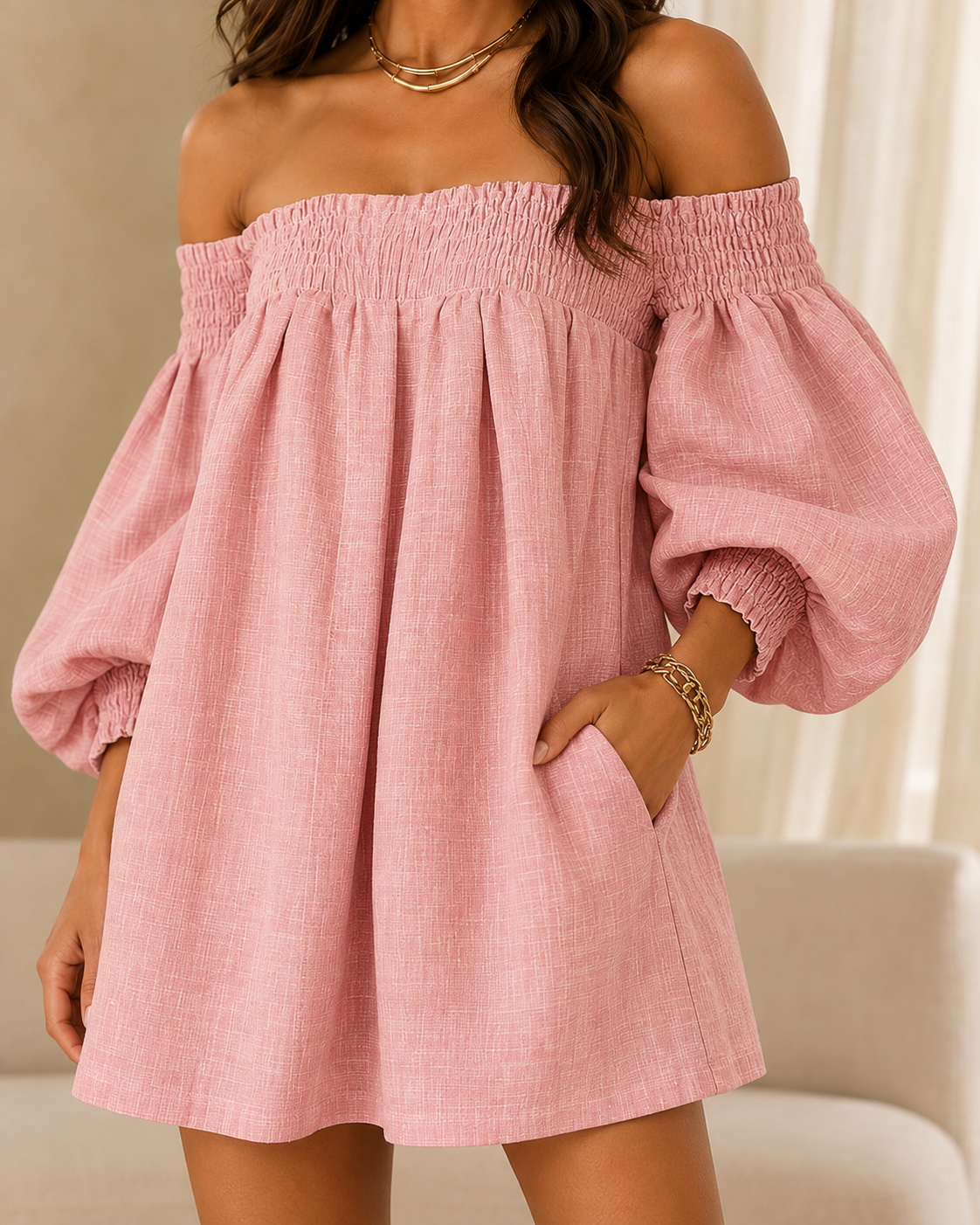 Rosabelle | Mini Robe Trapèze Ample, Manches Lanterne, Épaules Dénudées Roses