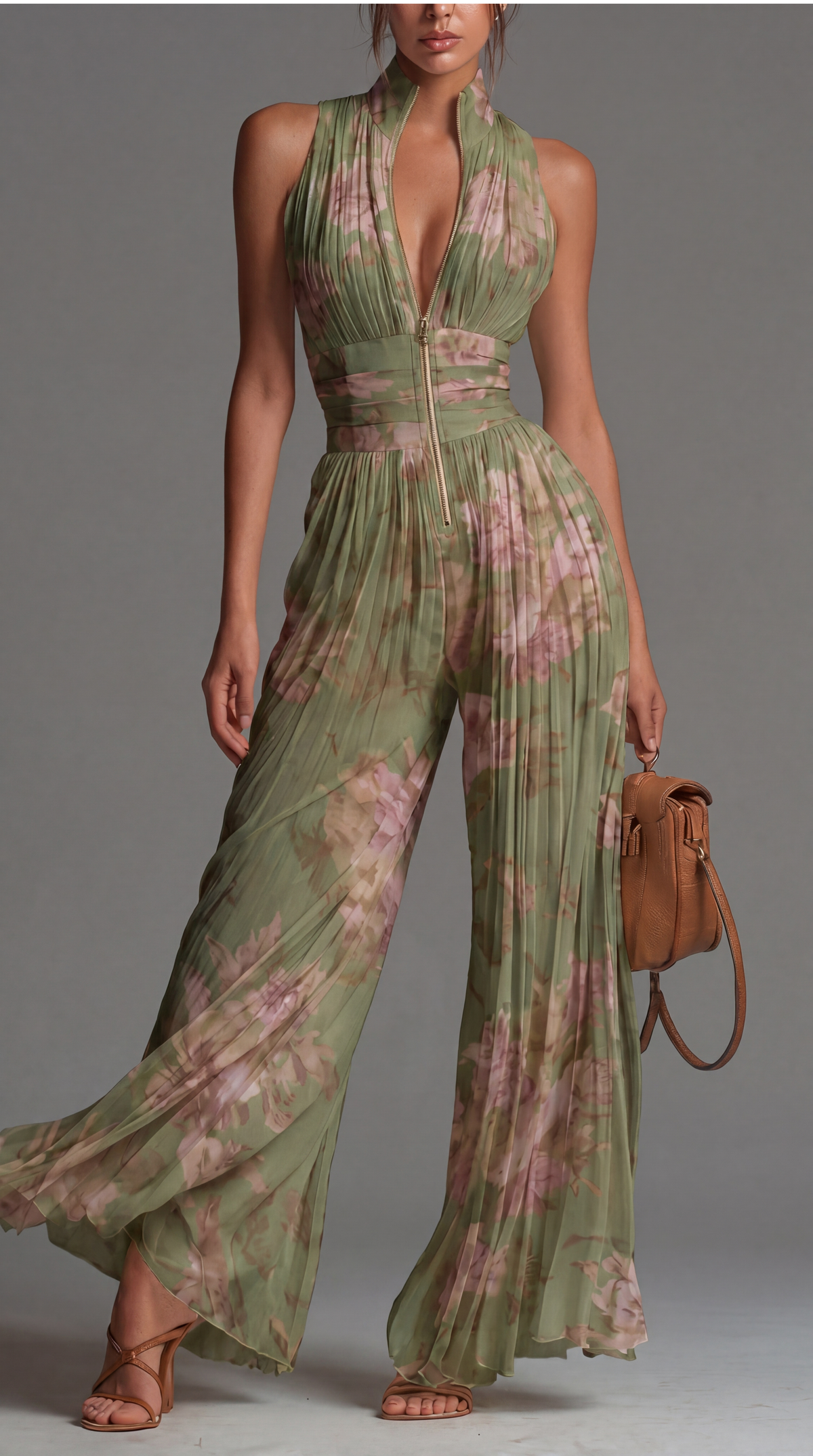 Combinaison en Chiffon Floral Plissé – Élégance Éternelle