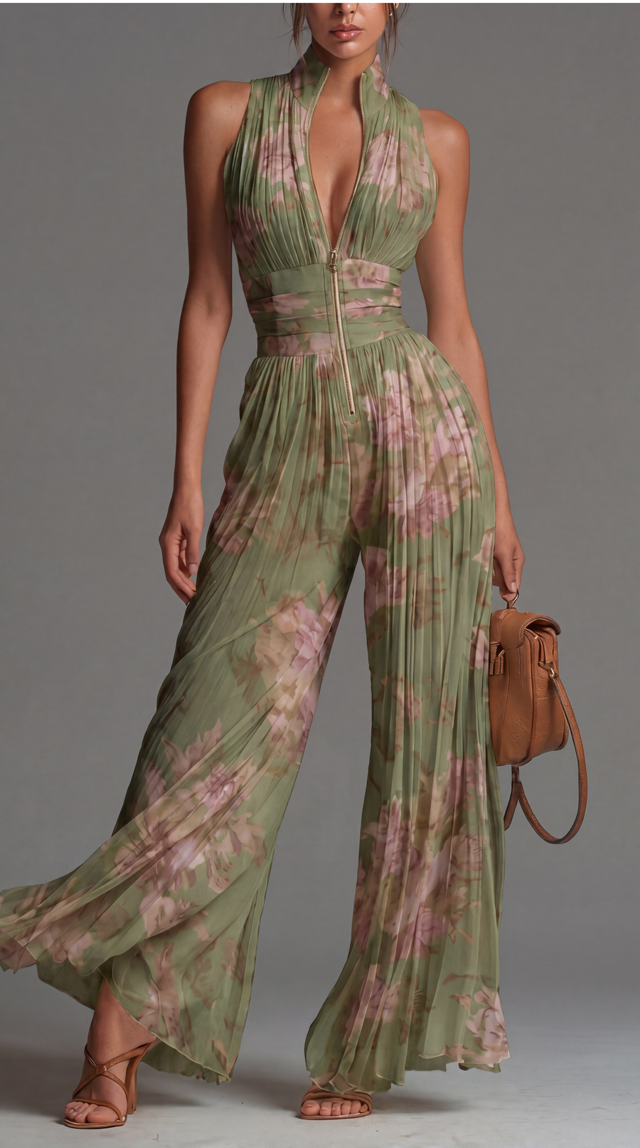 Combinaison en Chiffon Floral Plissé – Élégance Éternelle