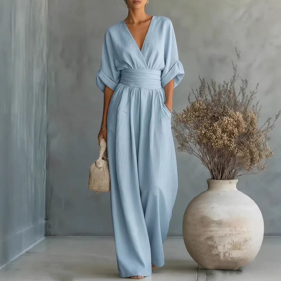Robe Élégante en V, Dos Nu et Manches Fluides