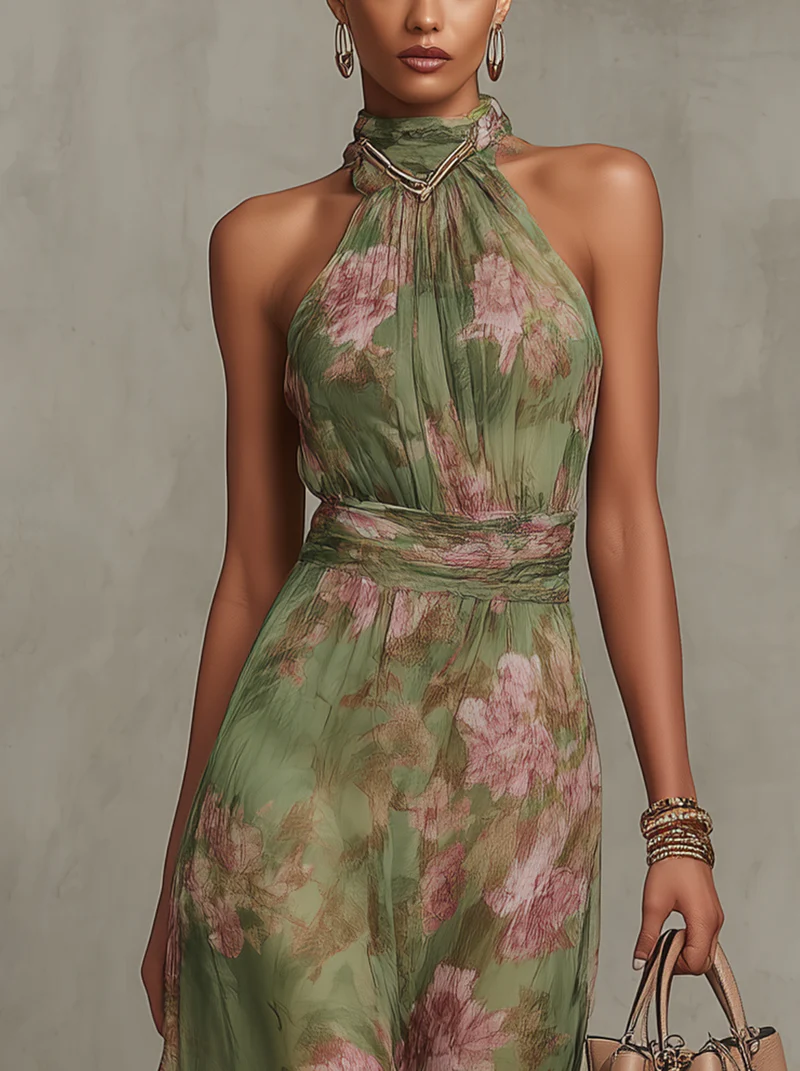 Robe Maxi en Chiffon Floral Vert avec Décolleté Halter