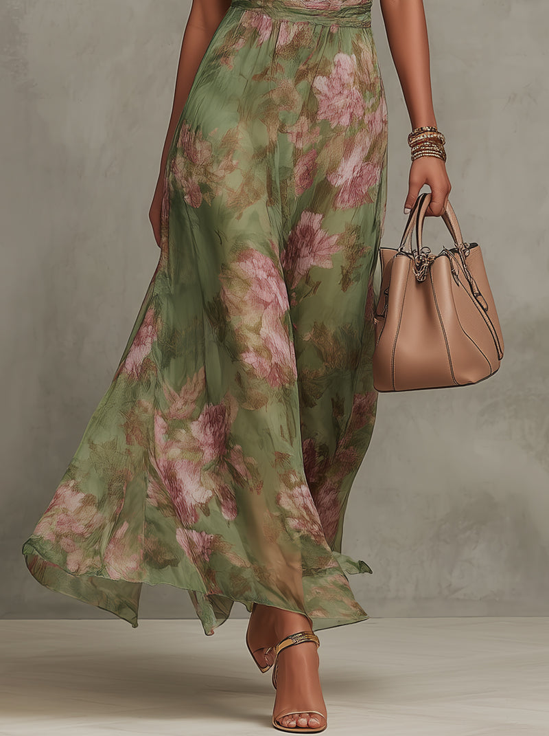 Robe Maxi en Chiffon Floral Vert avec Décolleté Halter