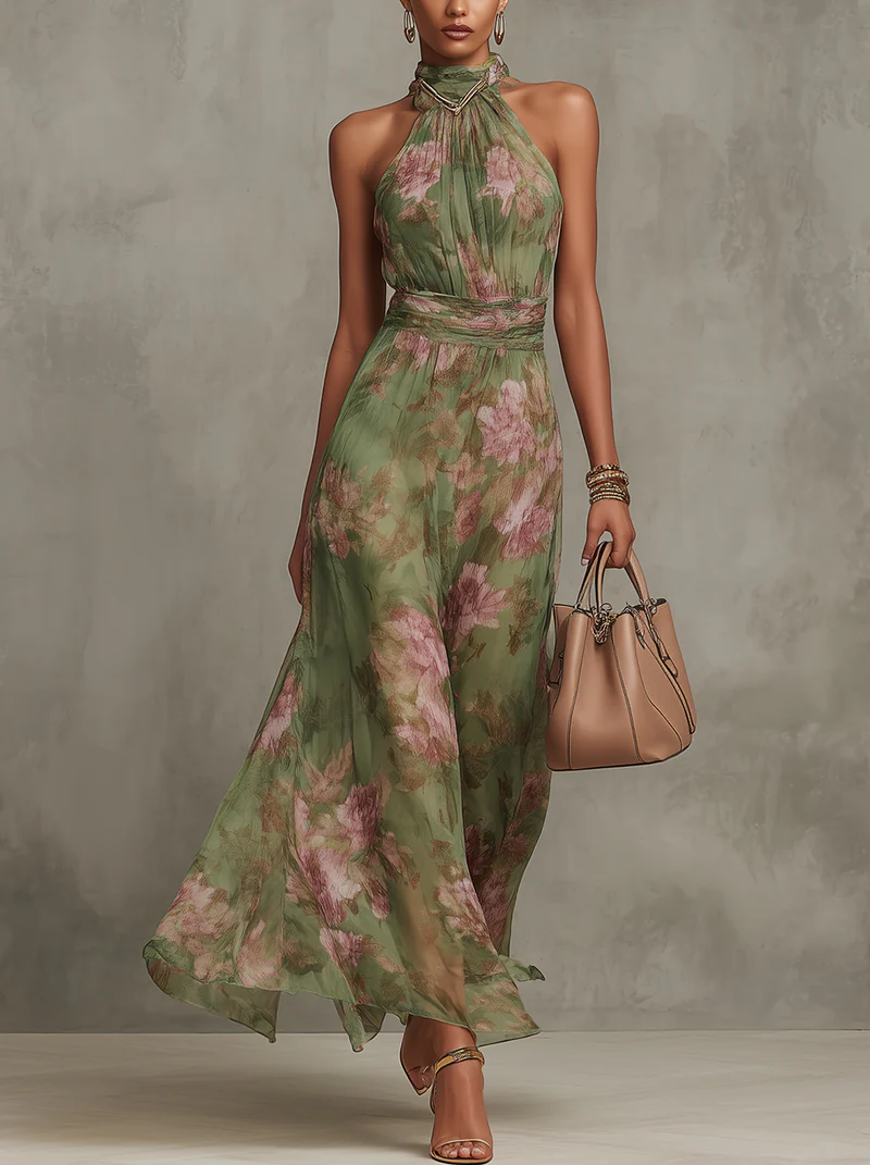 Robe Maxi en Chiffon Floral Vert avec Décolleté Halter