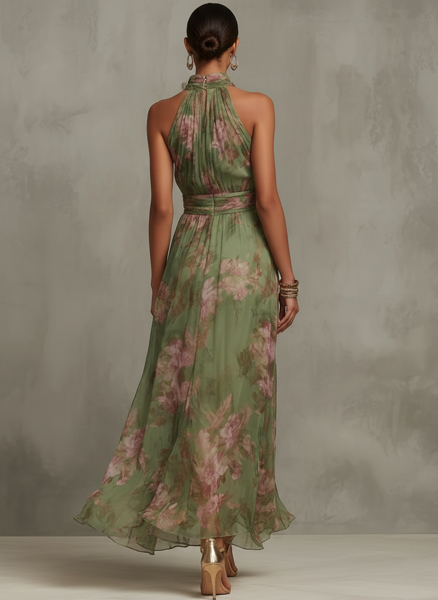 Robe Maxi en Chiffon Floral Vert avec Décolleté Halter