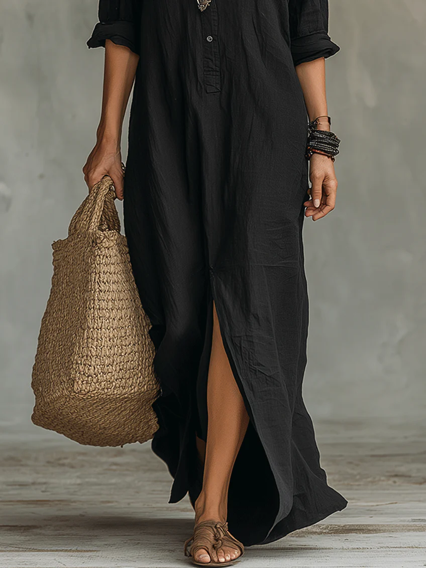 Robe Maxi Boutonnée en Noir Doux Alessia – Élégance Infinie
