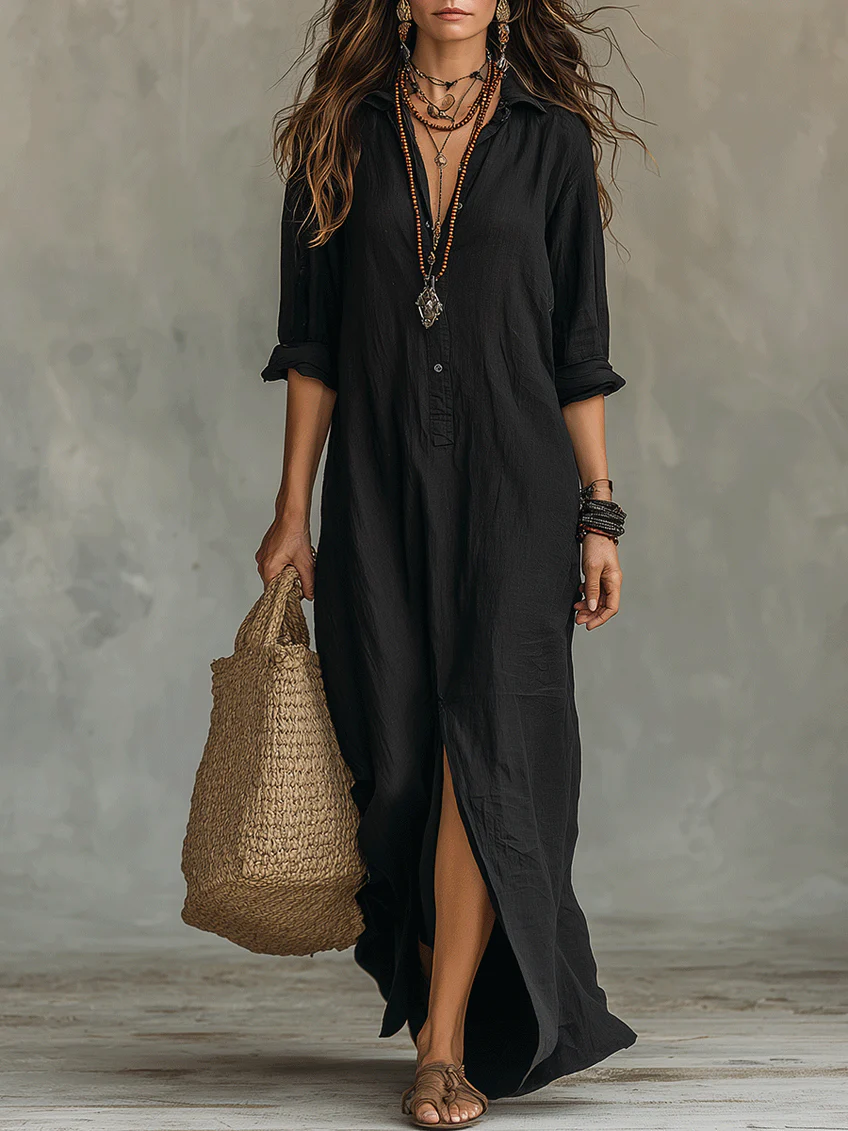 Robe Maxi Boutonnée en Noir Doux Alessia – Élégance Infinie