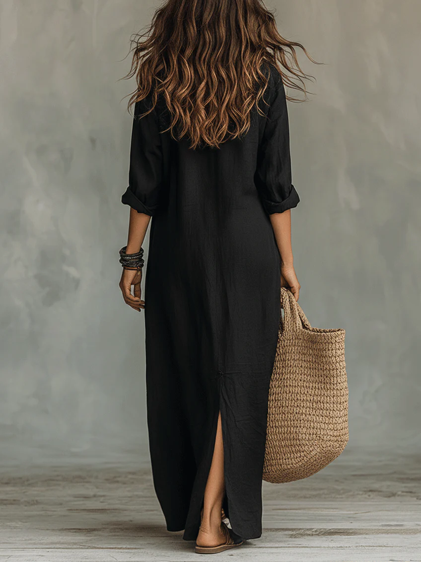 Robe Maxi Boutonnée en Noir Doux Alessia – Élégance Infinie