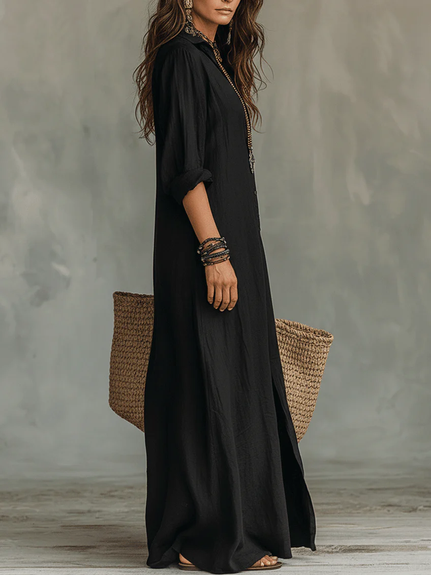 Robe Maxi Boutonnée en Noir Doux Alessia – Élégance Infinie