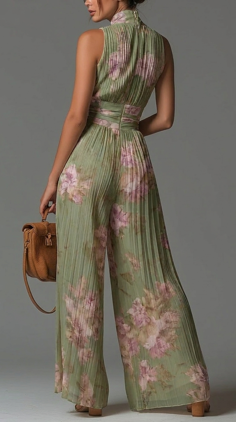 Combinaison en Chiffon Floral Plissé – Élégance Éternelle