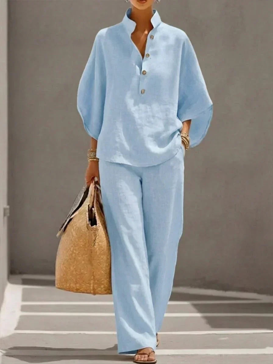 Ensemble Élégant à Manches Papillon et Pantalons Amples