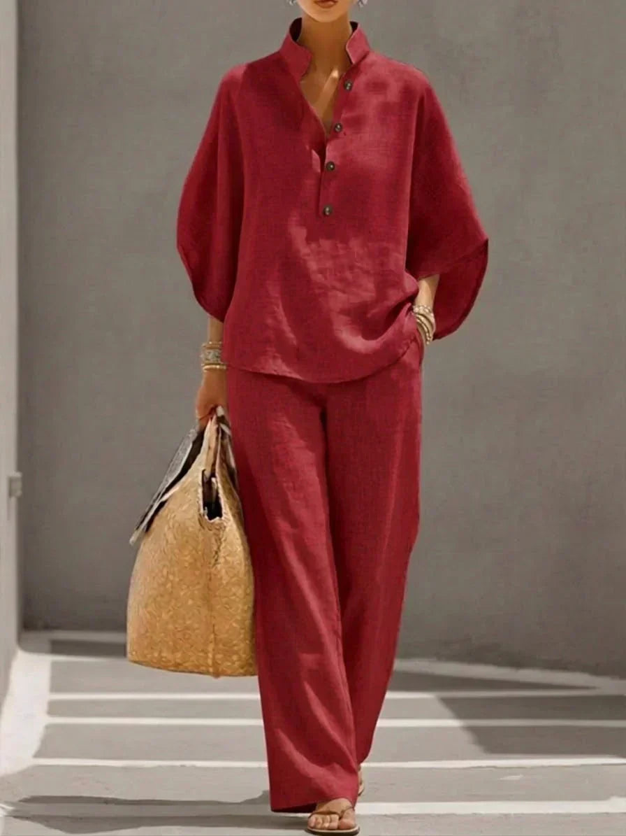 Ensemble Élégant à Manches Papillon et Pantalons Amples