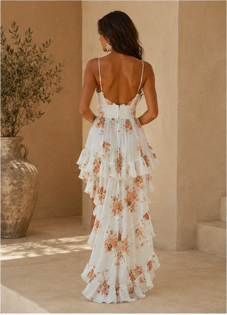 Roxane | Robe Fleurie Sexy, Volants en V, Ourlet Haut-Bas