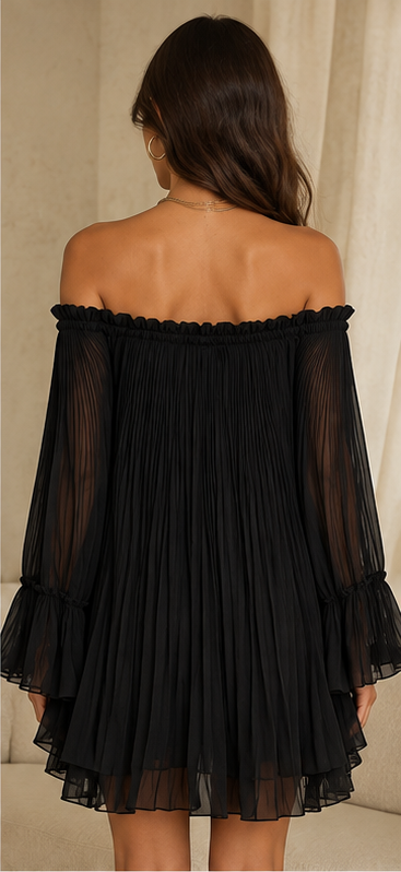 Zélie | Mini Robe Noire, Manches Cloche et Volants