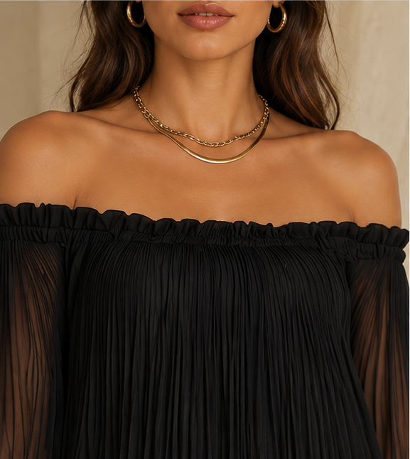 Zélie | Mini Robe Noire, Manches Cloche et Volants