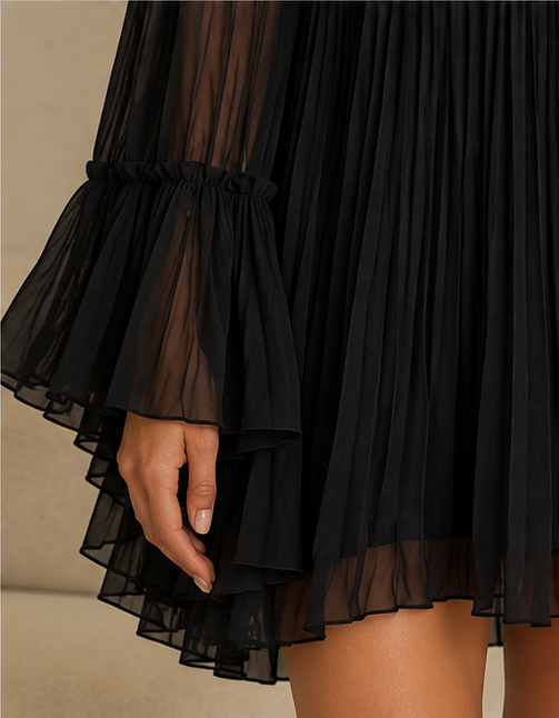 Zélie | Mini Robe Noire, Manches Cloche et Volants