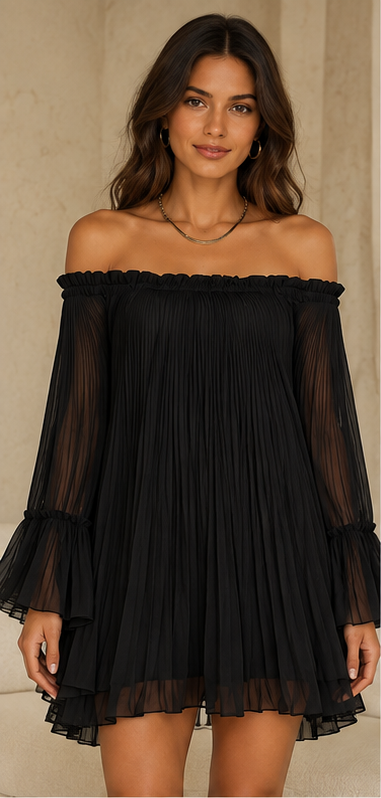 Zélie | Mini Robe Noire, Manches Cloche et Volants